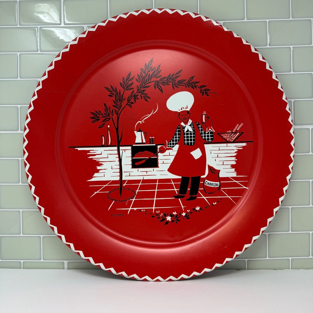 Vintage Stoyke MCM Red Metal BBQ Serving Tray 17.5" Round Atomic Chef